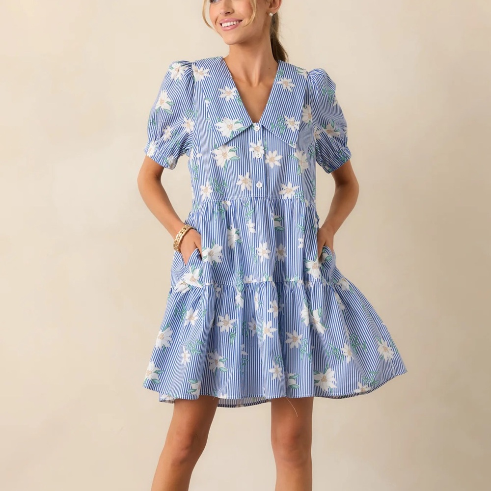 AGAINST ALL ODDS BLUE STRIPE FLORAL COTTON PUFF SLEEVE MINI DRESS